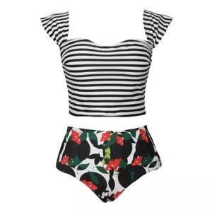 Stripped Top w/ Red Floral Bottoms Bathing Suit